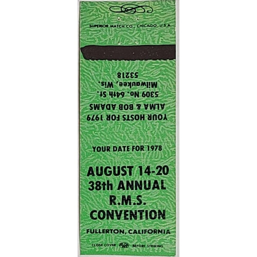 Vintage Matchbook Cover RMS 38th Annual Convention 1978 Fullerton CA Green